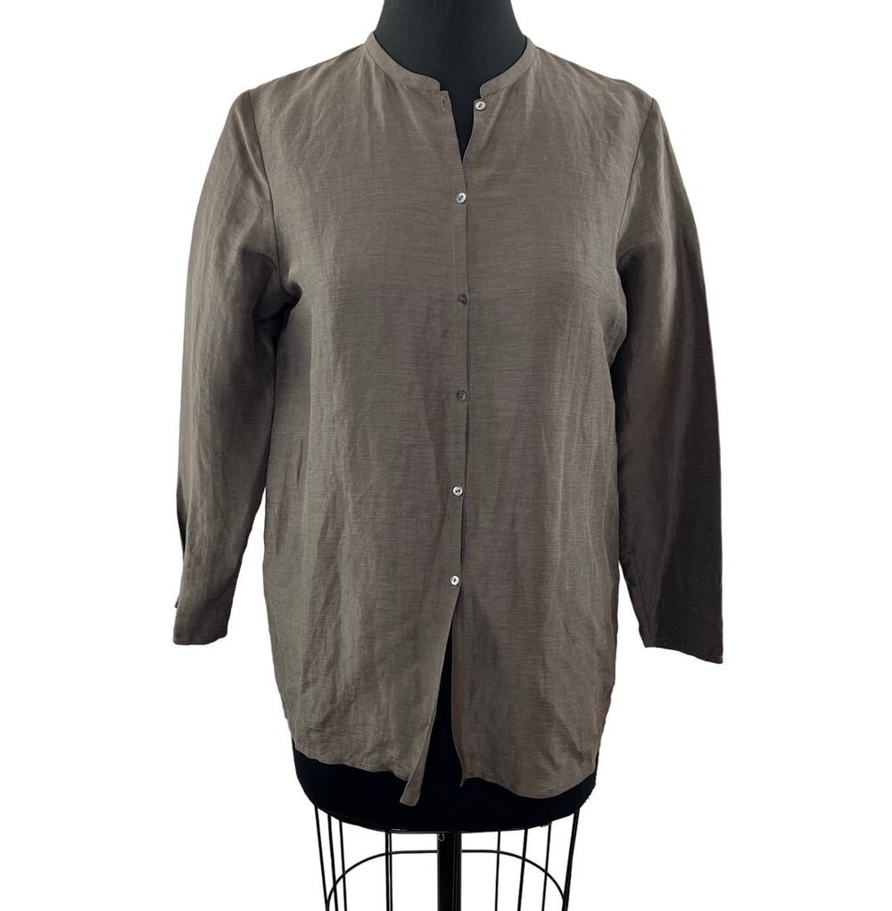 EILEEN FISHER Gray Button-Up Crew Neck 3/4 Sleeve Shirt Top Relaxed Petite M